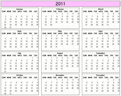 Yearly Calendar 2011 on Yearly 2011 Printable Calendar   Black   White Weekday Starts Sunday