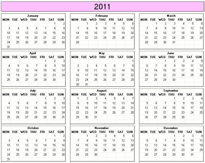 2011 Calendar Print on Yearly 2011 Printable Calendar   Color   Weekday Starts Monday