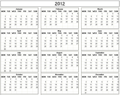 2012 Printable Calendar on Yearly 2012 Printable Calendar   Black   White Weekday Starts Sunday