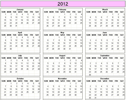 Print Calendars 2012 on Yearly 2012 Printable Calendar   Black   White Weekday Starts Sunday