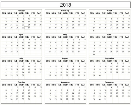2013 Yearly Calender on Yearly 2013 Printable Calendar   Black   White Weekday Starts Sunday