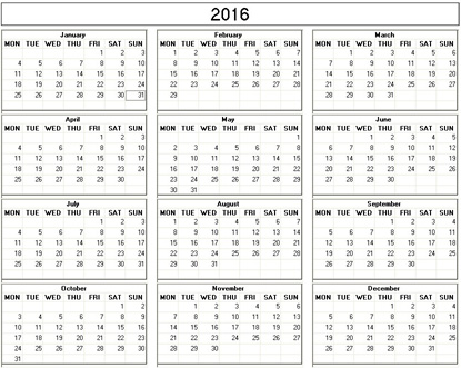 blank calendar,  printable calendar, 2016, image