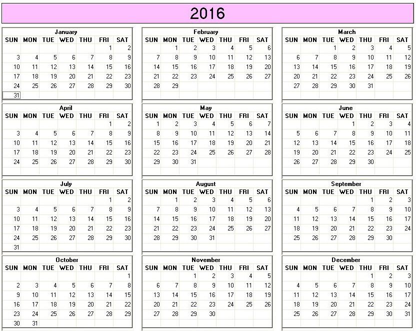 printable blank calendar image for 2016