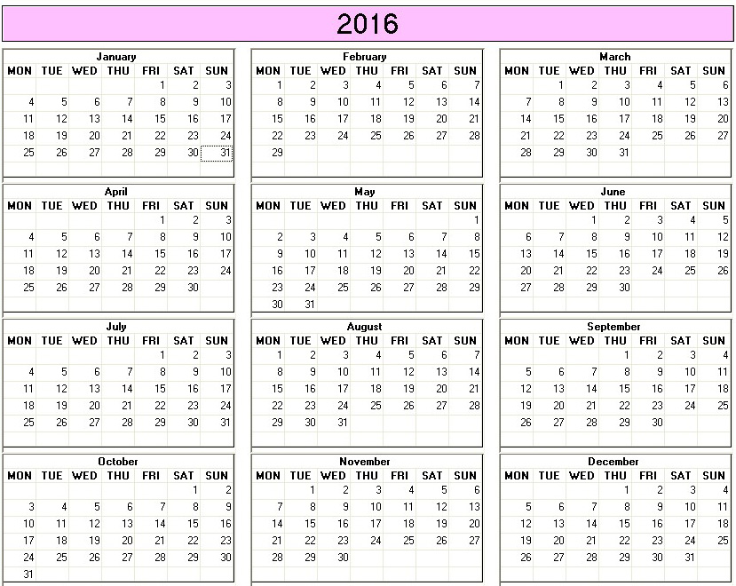 printable blank calendar image for 2016