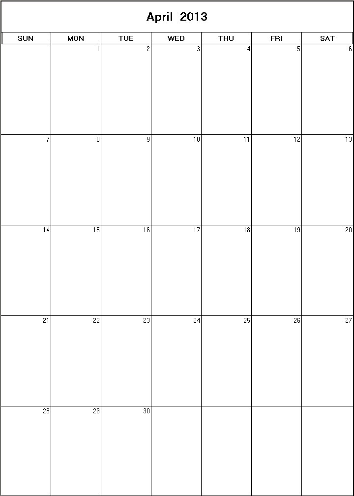 printable blank calendar image for April 2013