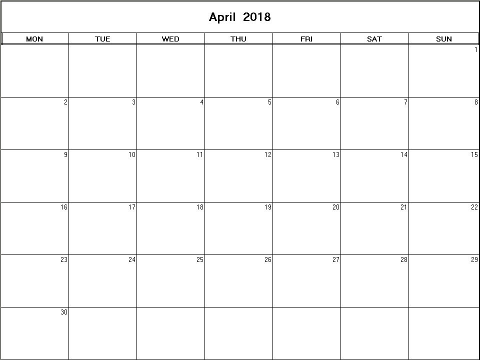 printable blank calendar image for April 2018