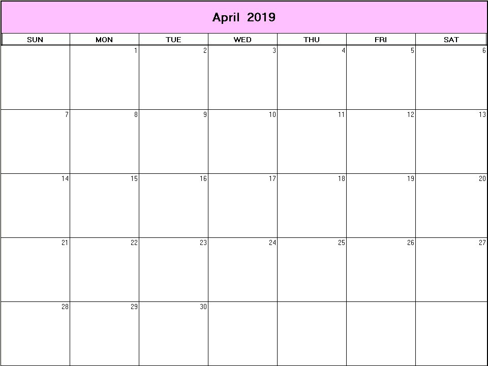 printable blank calendar image for April 2019