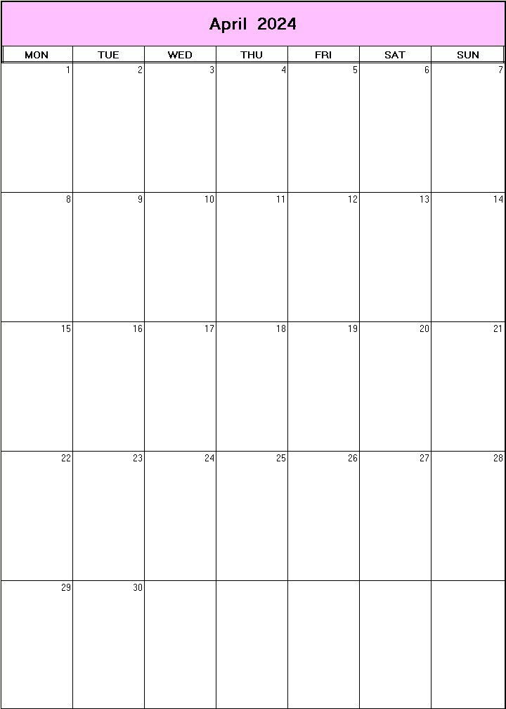 printable blank calendar image for April 2024