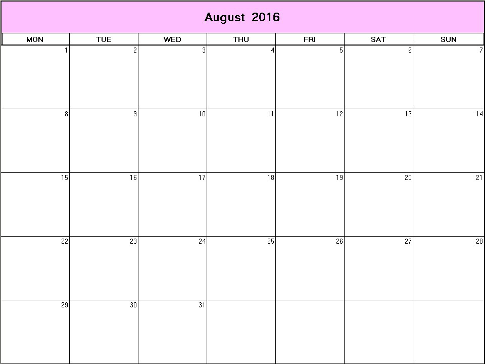 printable blank calendar image for August 2016