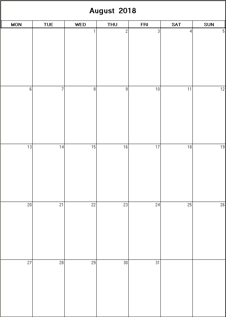 printable blank calendar image for August 2018