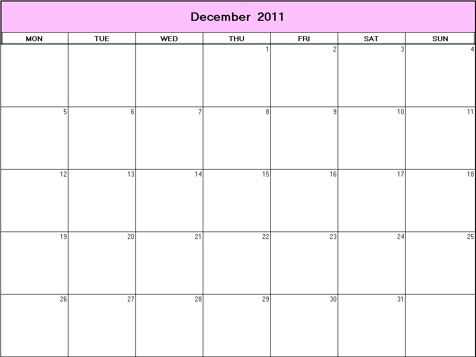 printable blank calendar image for December 2011