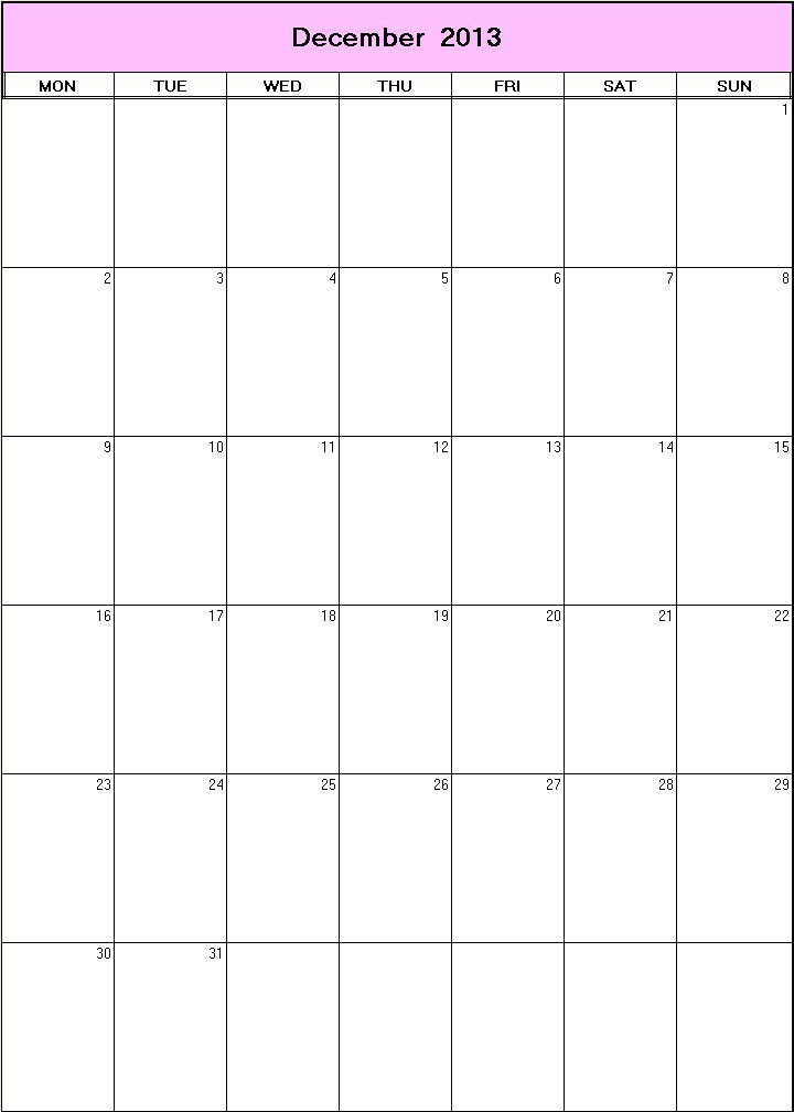 printable blank calendar image for December 2013