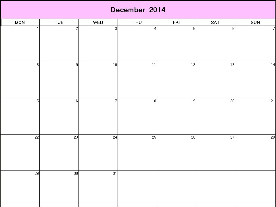 printable blank calendar image for December 2014