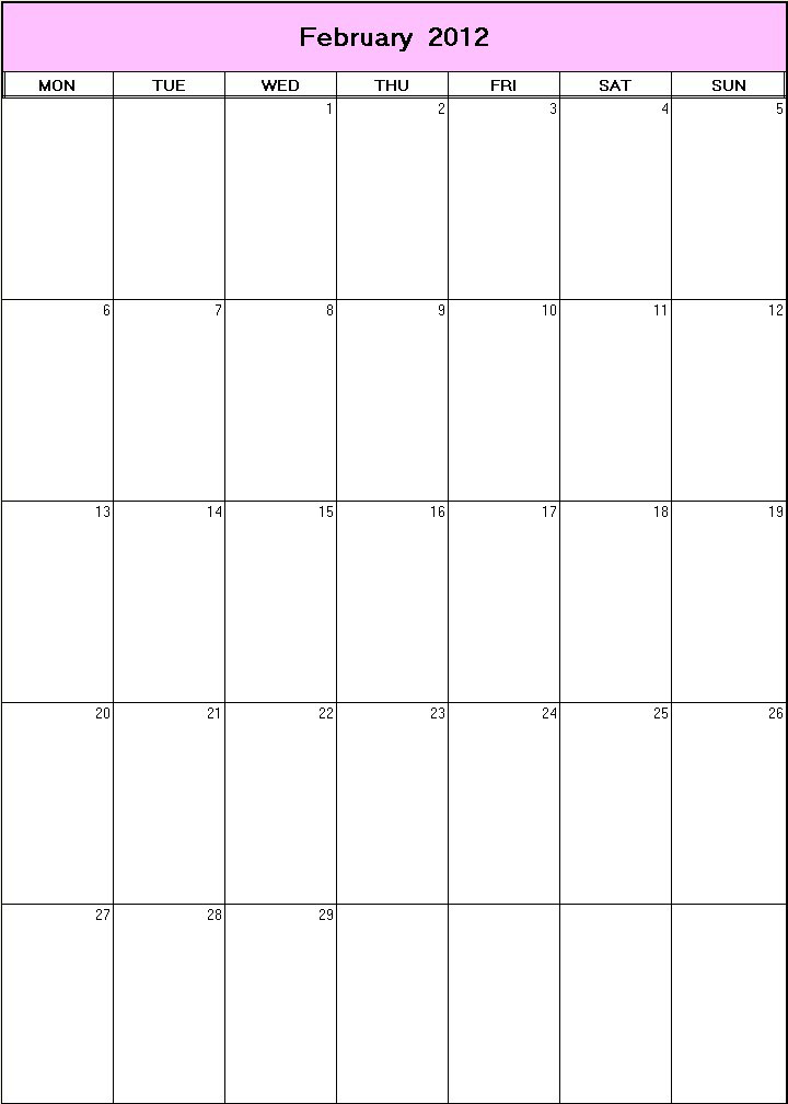 printable blank calendar image for February 2012