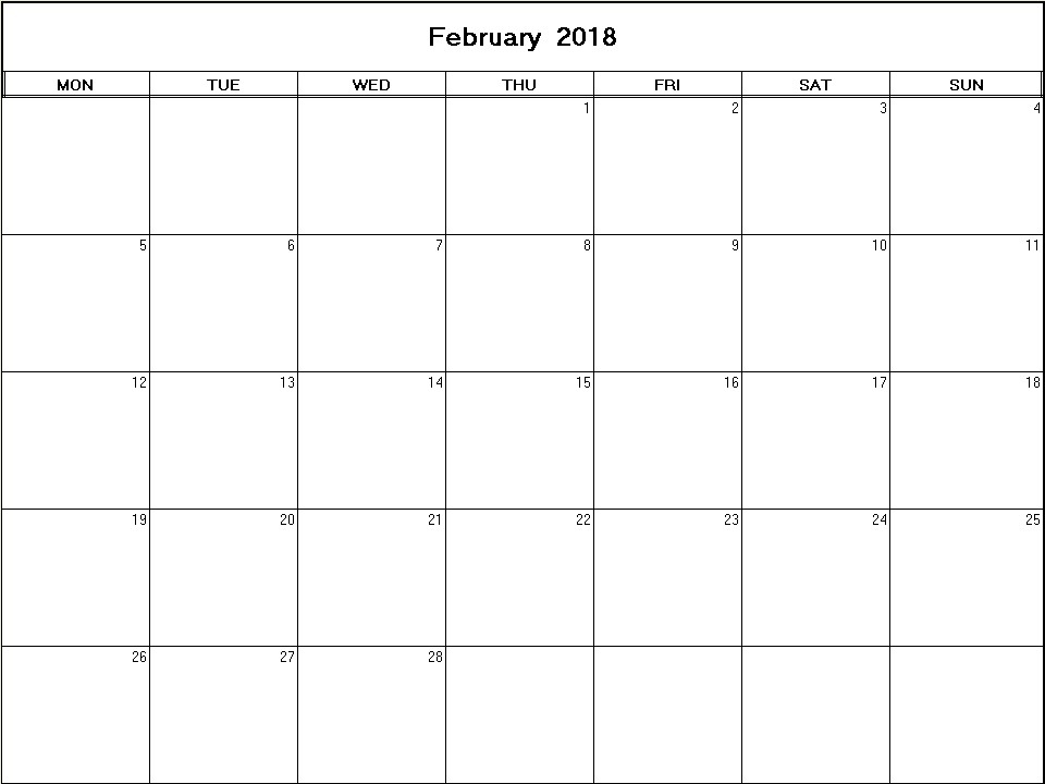 printable blank calendar image for February 2018