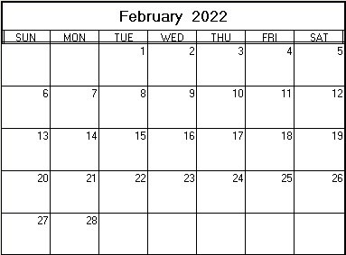 printable blank calendar image for February 2022