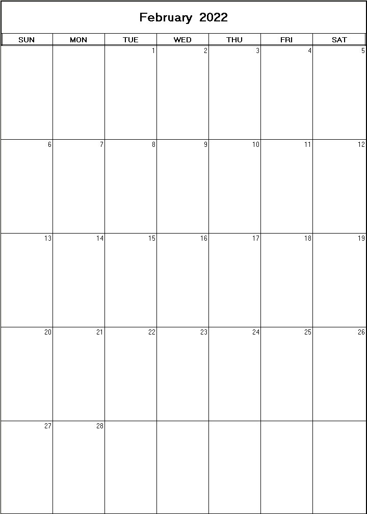 printable blank calendar image for February 2022