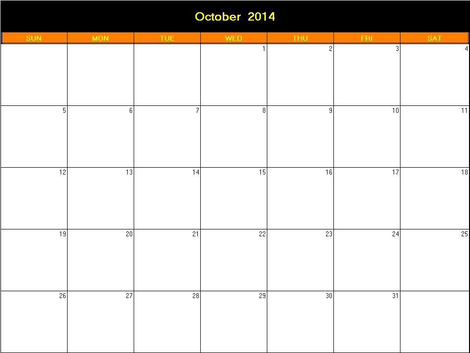printable blank calendar image for Halloween 2014