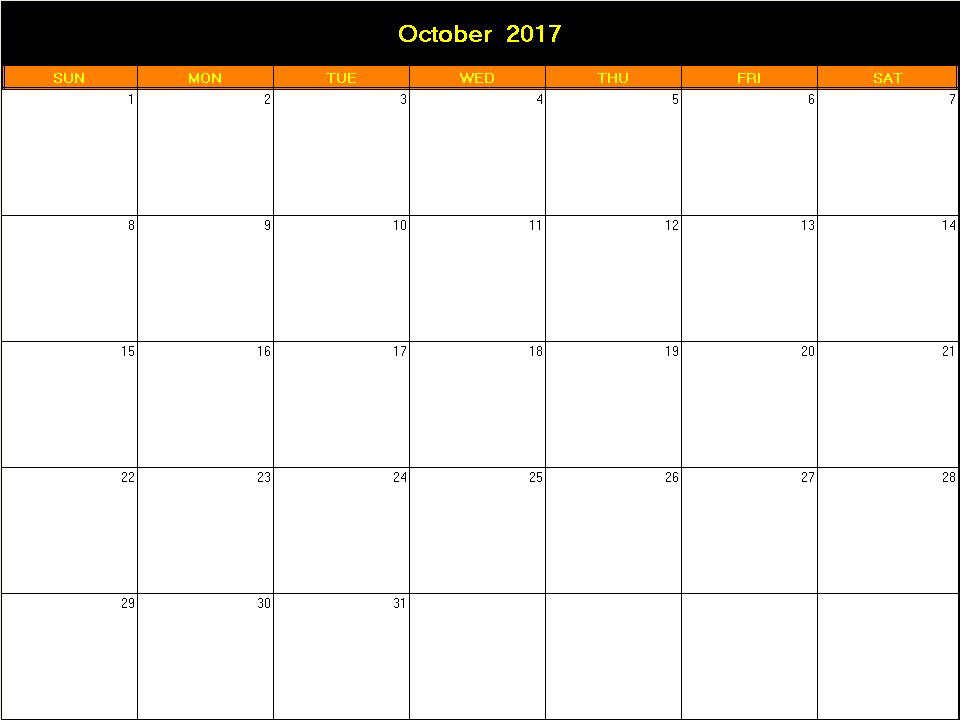 printable blank calendar image for Halloween 2017