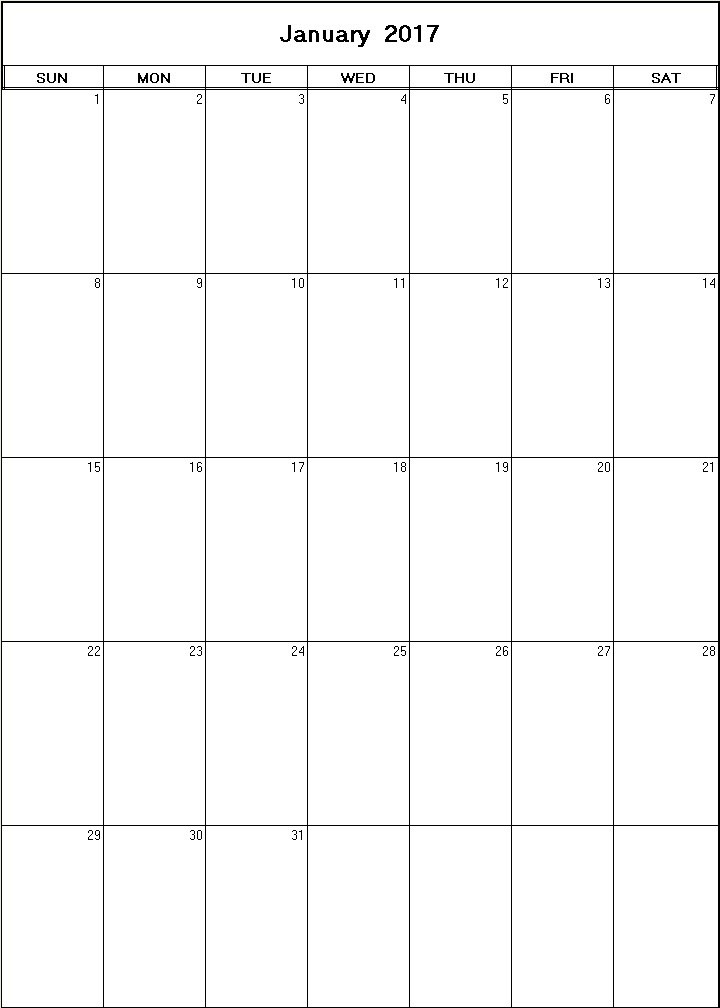 printable blank calendar image for January 2017