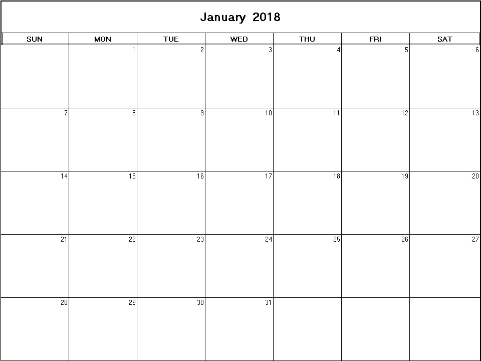 printable blank calendar image for January 2018