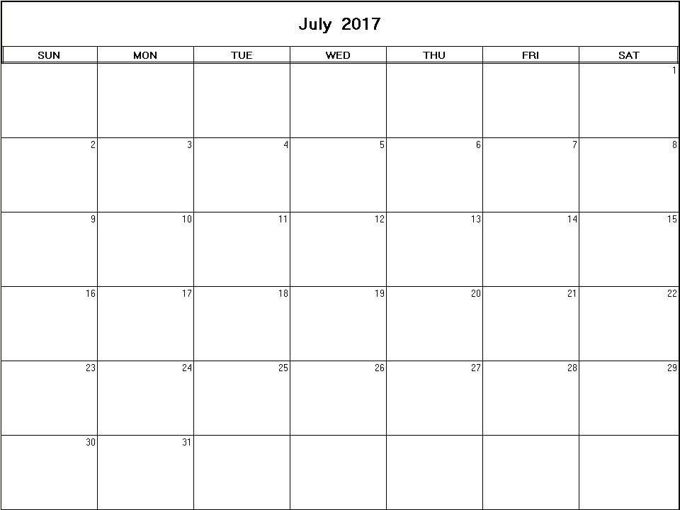 printable blank calendar image for July 2017