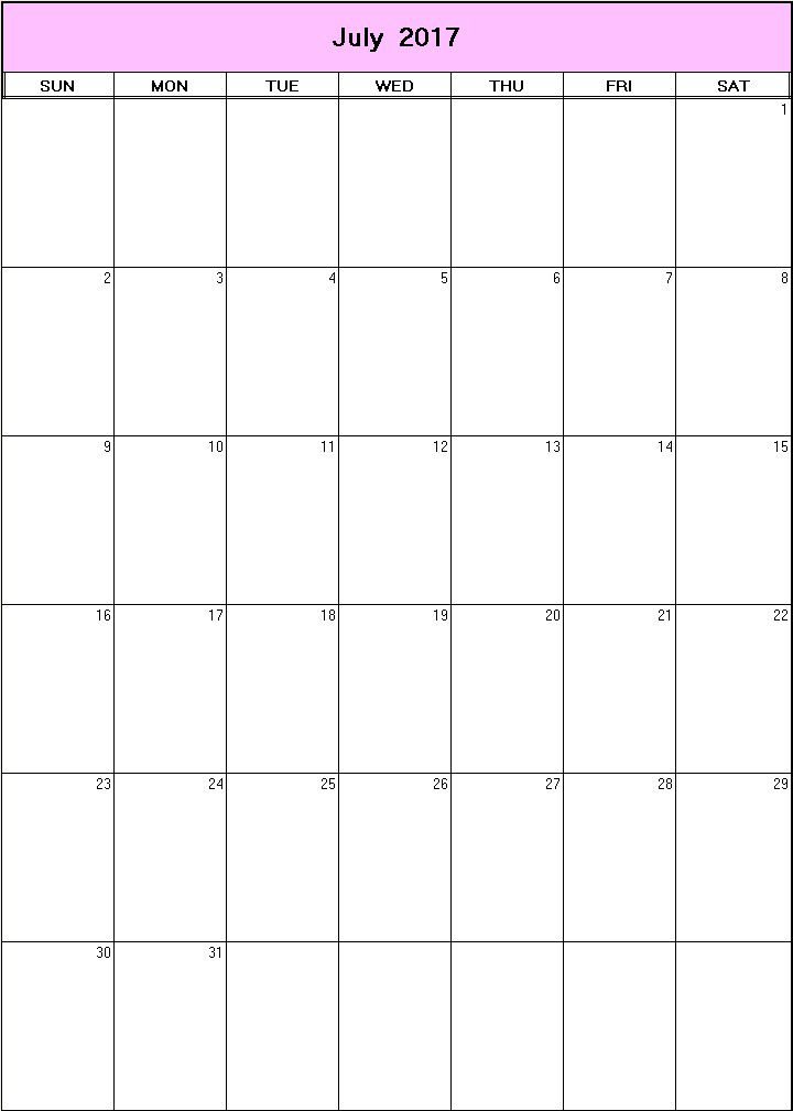 printable blank calendar image for July 2017