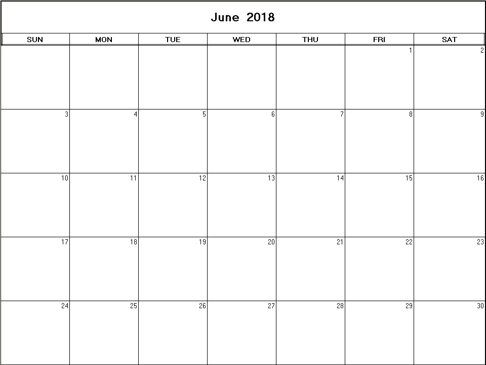printable blank calendar image for June 2018