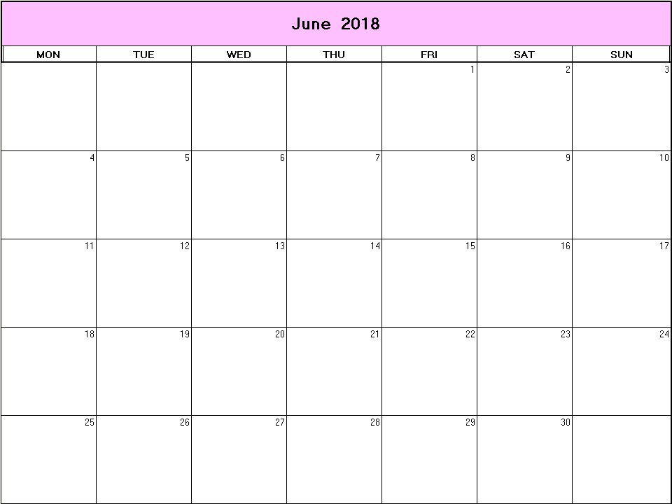 printable blank calendar image for June 2018