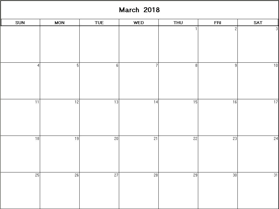 printable blank calendar image for March 2018