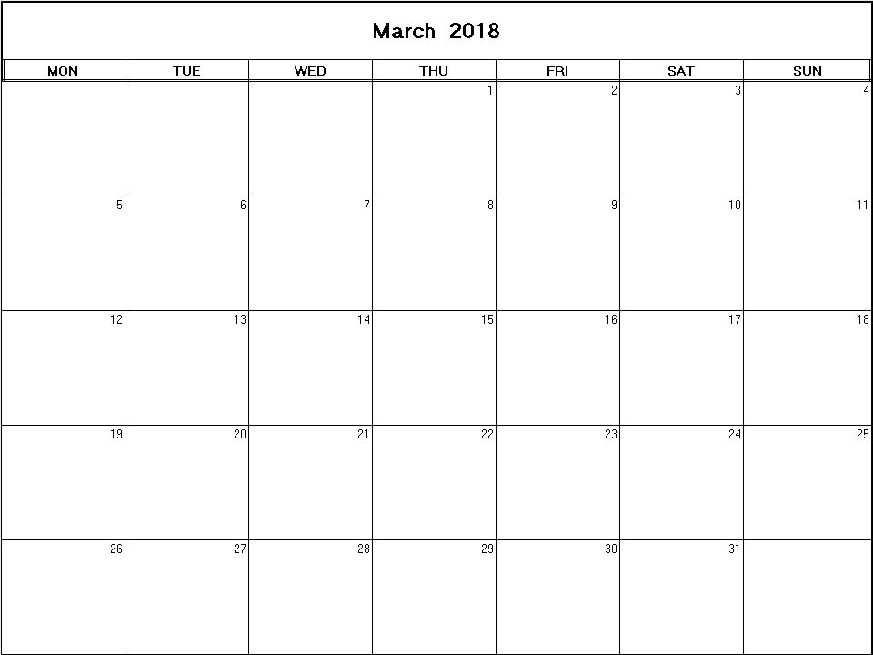 printable blank calendar image for March 2018