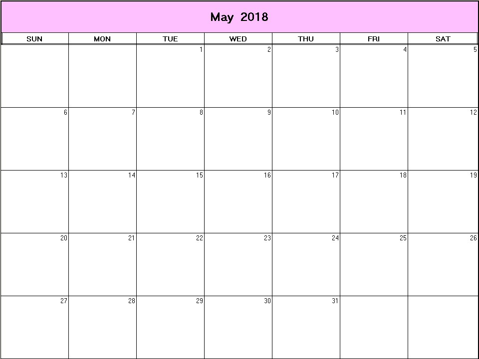 printable blank calendar image for May 2018