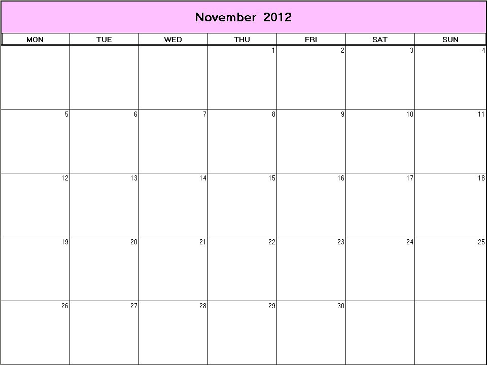 printable blank calendar image for November 2012