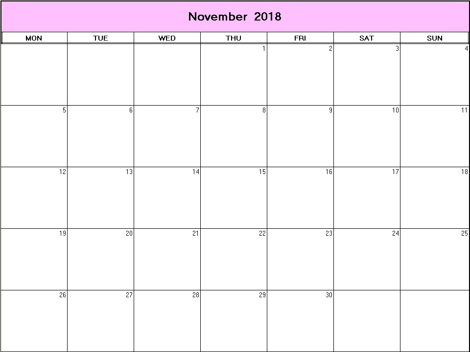 printable blank calendar image for November 2018
