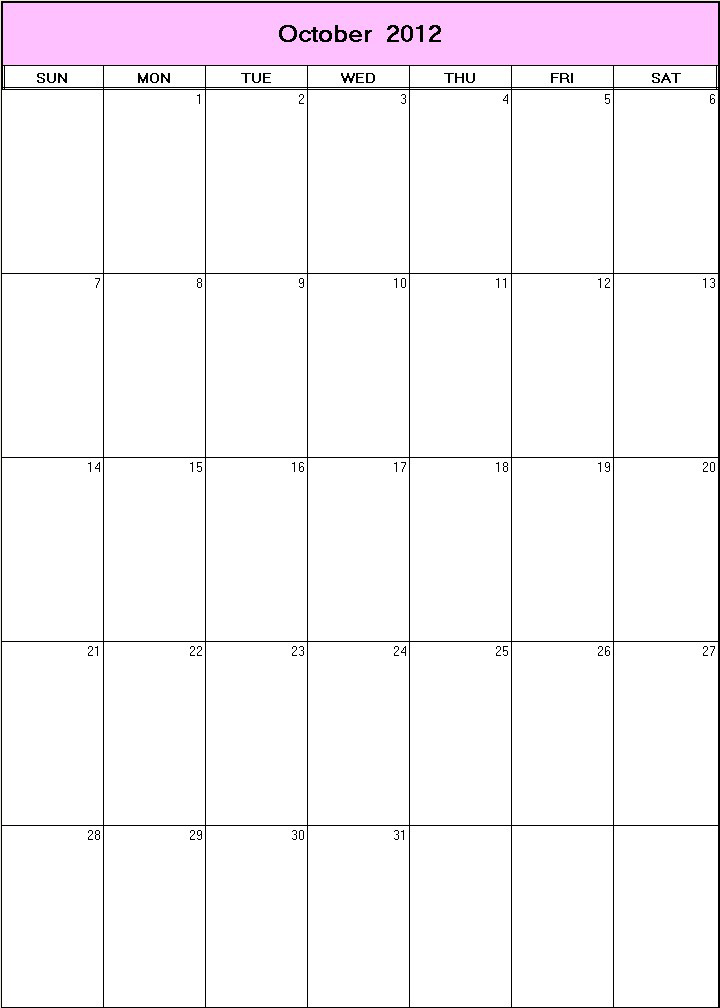printable blank calendar image for October 2012