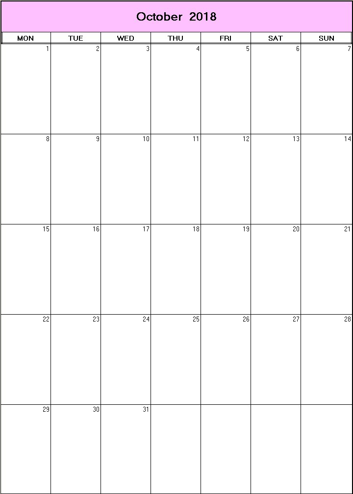 printable blank calendar image for October 2018
