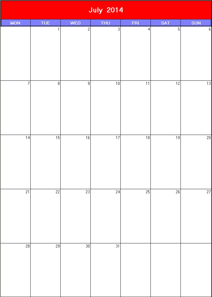 printable blank calendar image for Patriotic 2014
