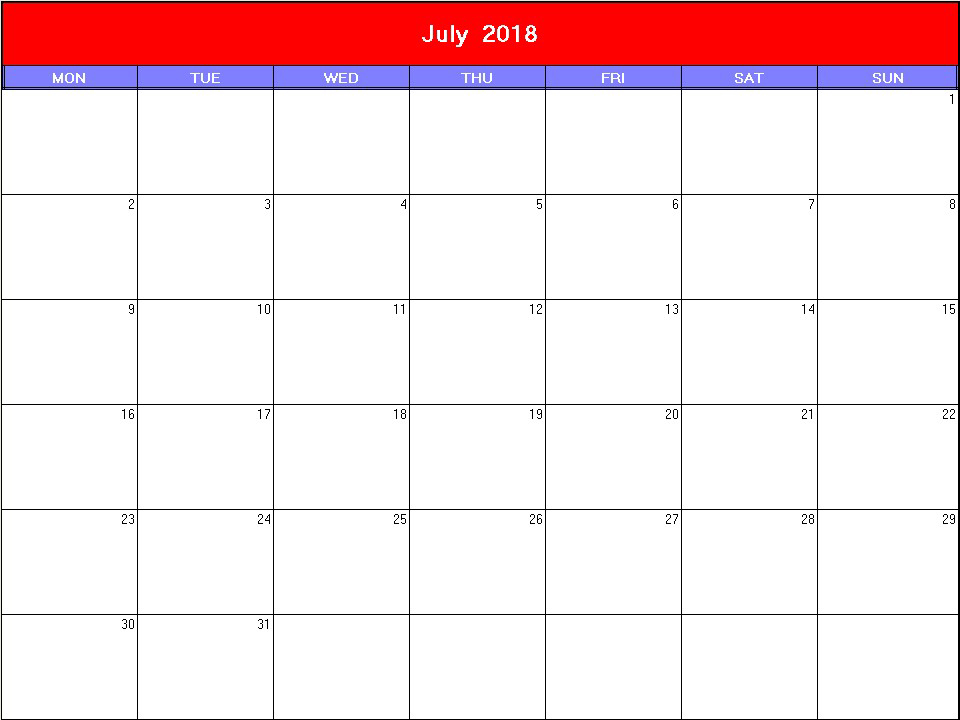 printable blank calendar image for Patriotic 2018