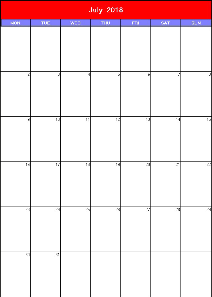 printable blank calendar image for Patriotic 2018