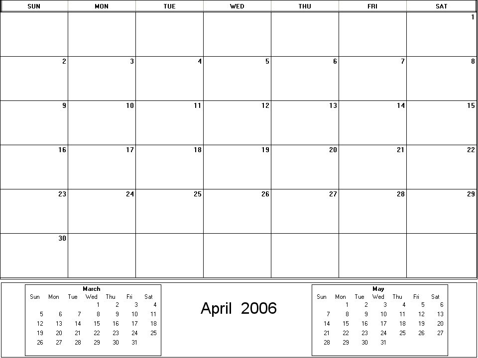 printable blank calendar image for April 2006