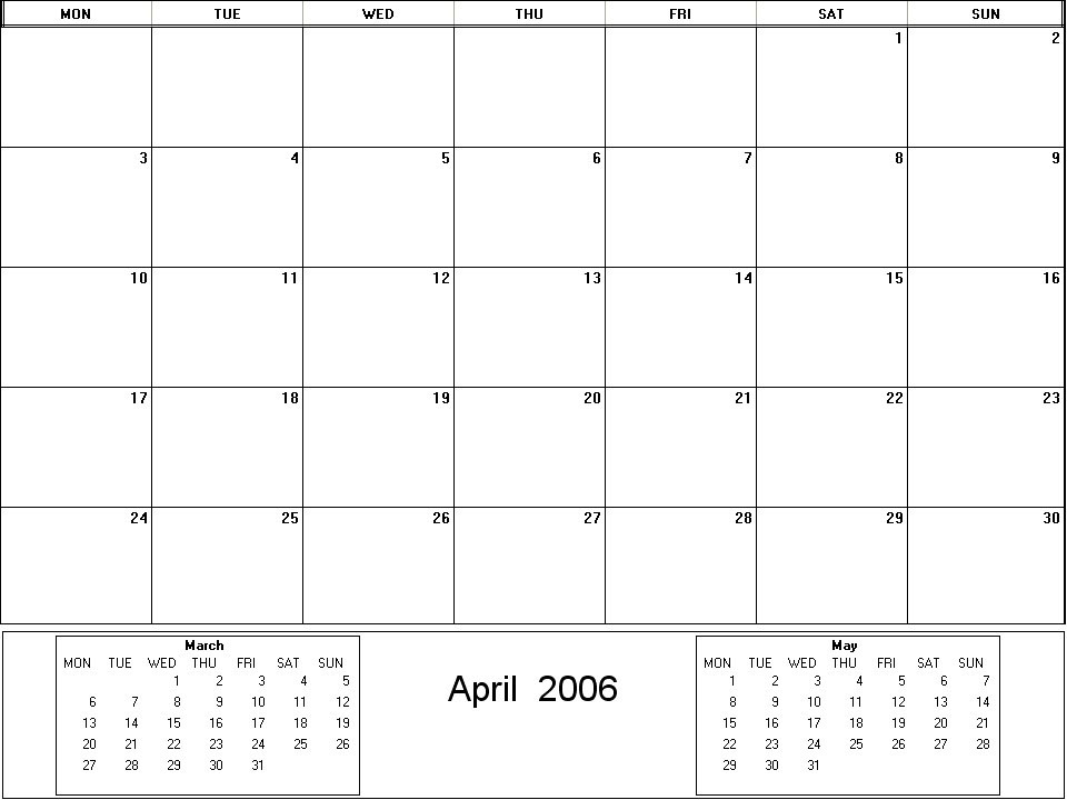printable blank calendar image for April 2006