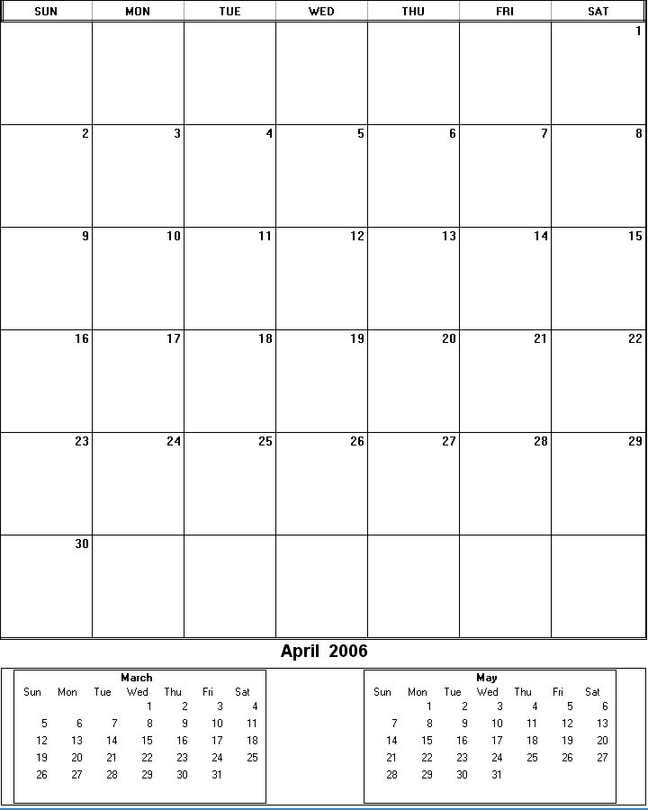 printable blank calendar image for April 2006