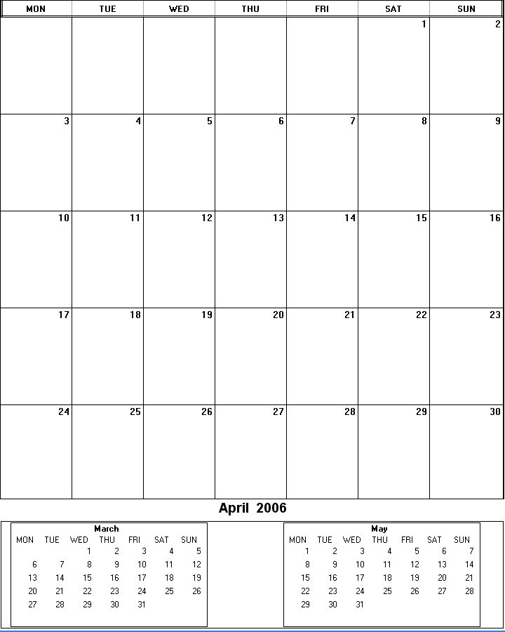printable blank calendar image for April 2006