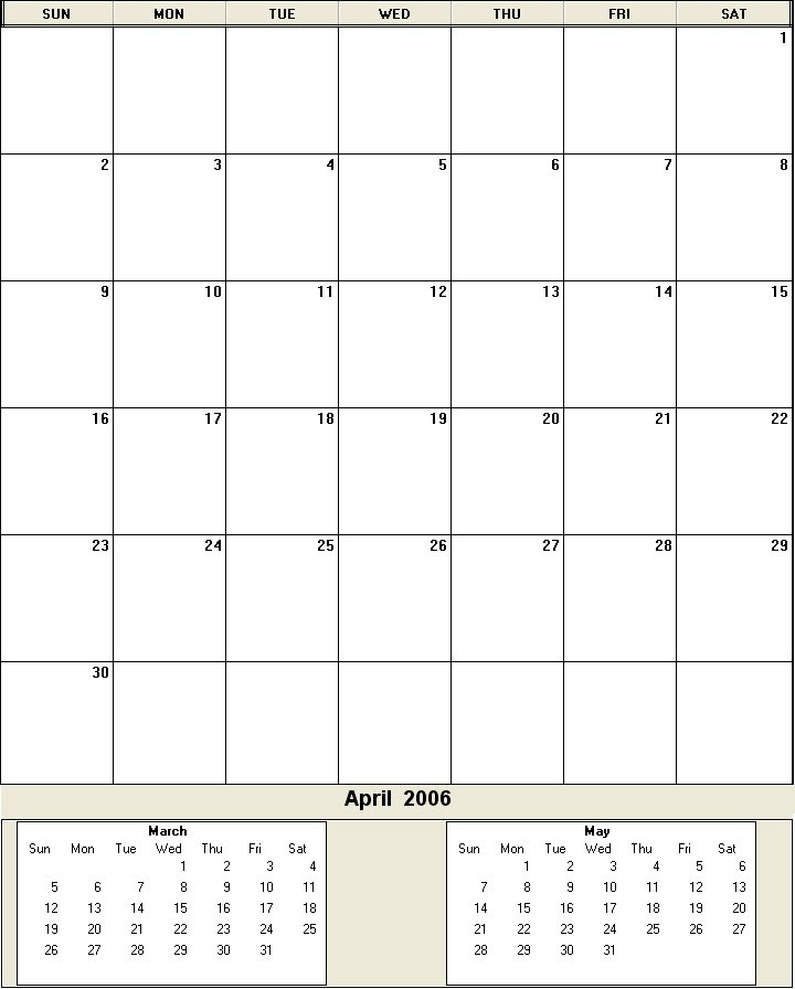 printable blank calendar image for April 2006