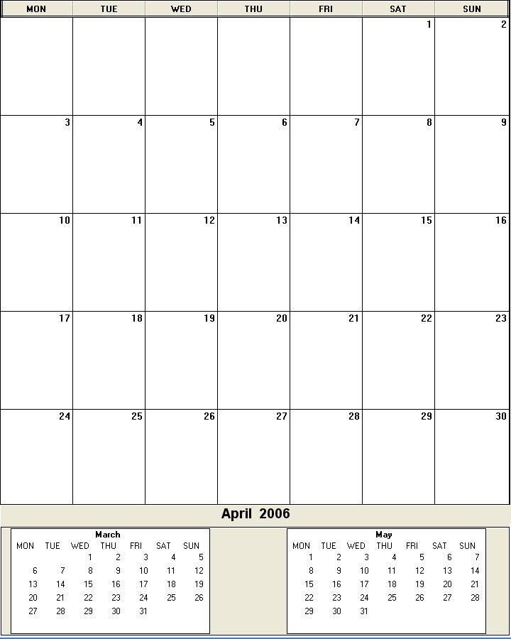 printable blank calendar image for April 2006