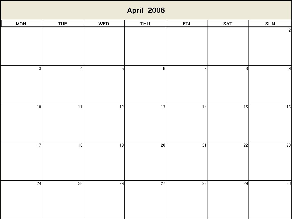 printable blank calendar image for April 2006