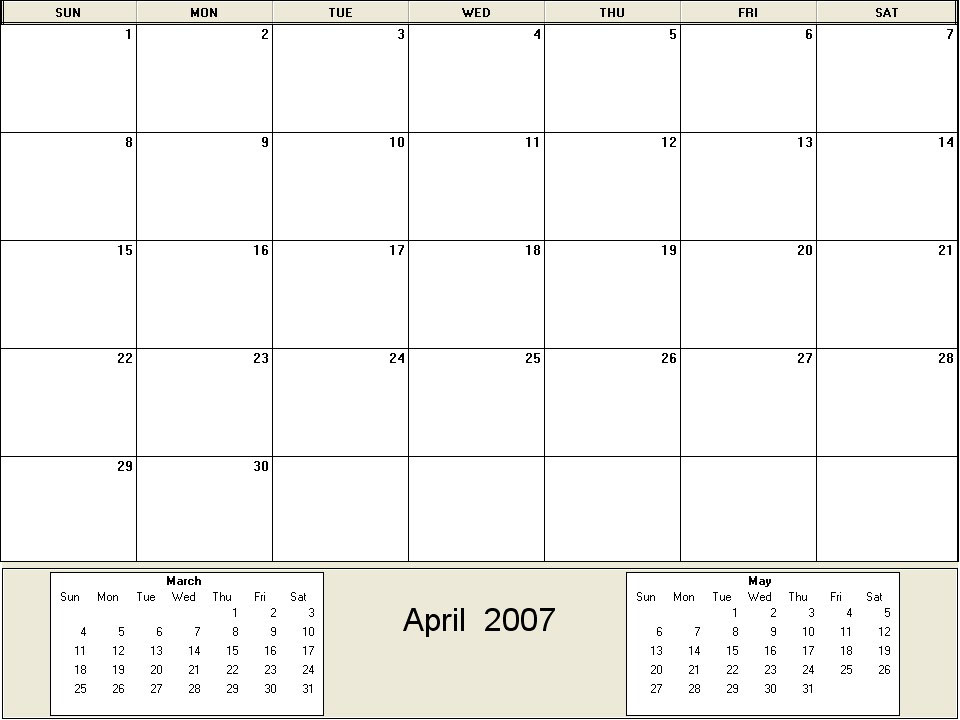 printable blank calendar image for April 2007