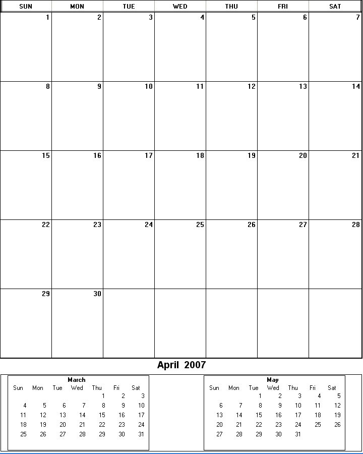 printable blank calendar image for April 2007