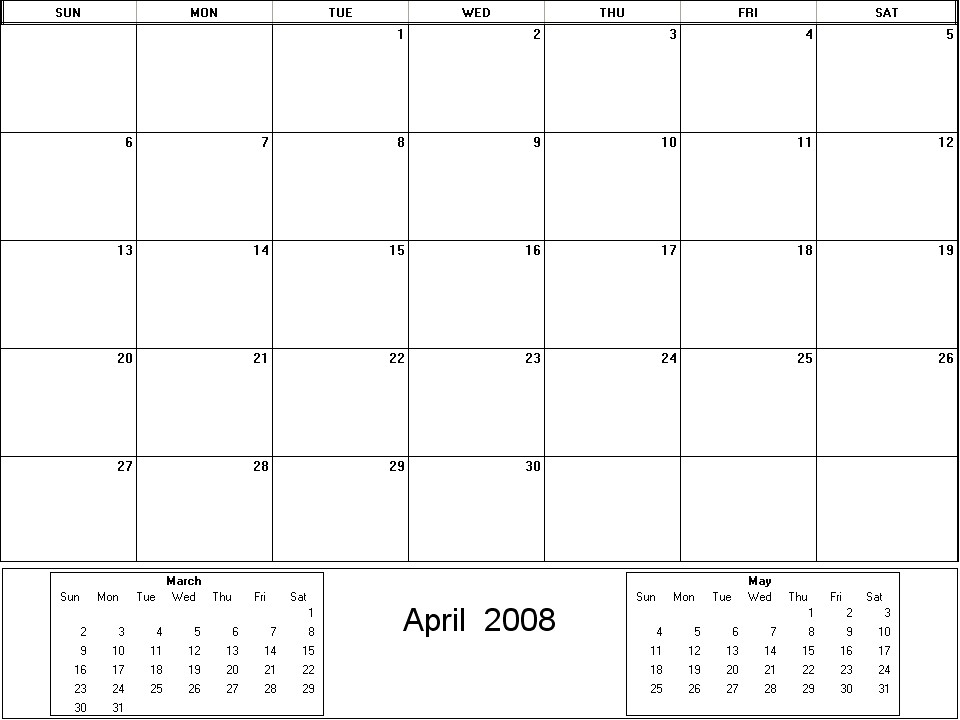 printable blank calendar image for April 2008