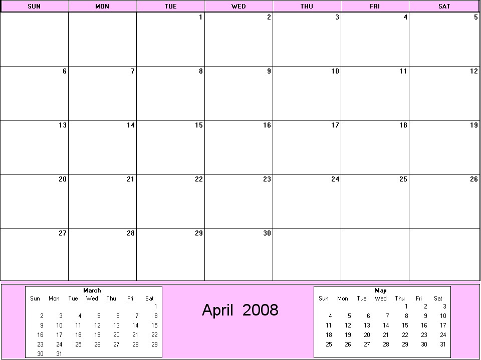 printable blank calendar image for April 2008